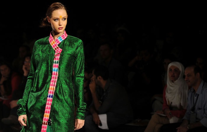 A model presents a creation by Indian designer Masaba during the Wills India Fashion Week in New Delhi on March 25, 2010.