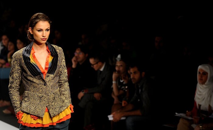 A model presents creation by Indian designers Jenjum and Jasleen during the Wills India Fashion Week Autumn-Winter 2010 in New Delhi on March 25, 2010.