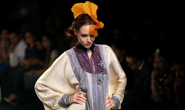 A model presents creation by Indian designer Pallavi Mohan during the Wills India Fashion Week in New Delhi on March 25, 2010.