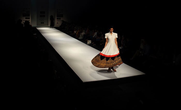 A model presents a creation by Indian designer Masaba during the Wills India Fashion Week in New Delhi on March 25, 2010.