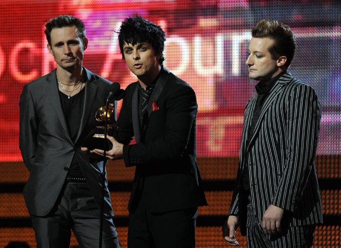 Green Day accept the award for the Best Rock Album at the 52nd annual Grammy Awards in Los Angeles on January 31, 2010. (Photo: AFP)