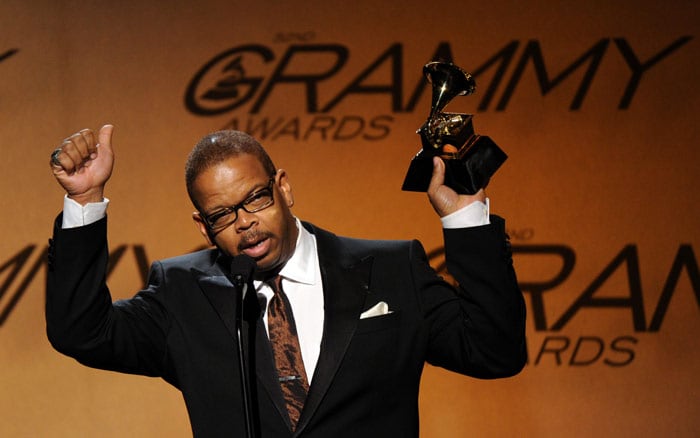 Terence Blanchard celebrates after winning the Best Improvised Jazz Solo award for Dancin' 4 Chicken during the Pre-Telecast award presentations at the 52nd Grammy Awards in Los Angeles on January 31, 2010. (Photo: AFP)