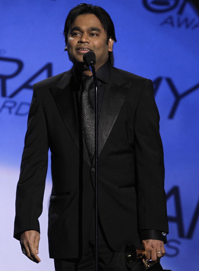 A.R. Rahman accepts the award for best song written for motion picture, television or other visual media at the Grammy Awards on Sunday, Jan. 31, 2010, in Los Angeles. (Photo: AP)