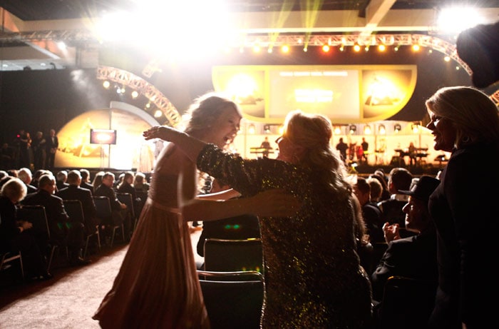 Taylor Swift, left, reacts as she wins for best female country vocal performance award for "White Horse" at the Grammy Awards on Sunday, Jan. 31, 2010, in Los Angeles. (Photo: AP)