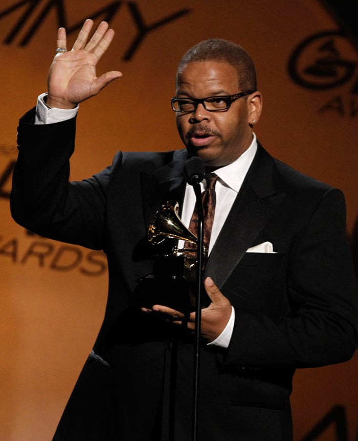 Terence Blanchard accepts the award for best improvised jazz solo  for "Dancin' 4 Chicken" at the Grammy Awards on Sunday, Jan. 31, 2010, in Los Angeles. (Photo: AP)