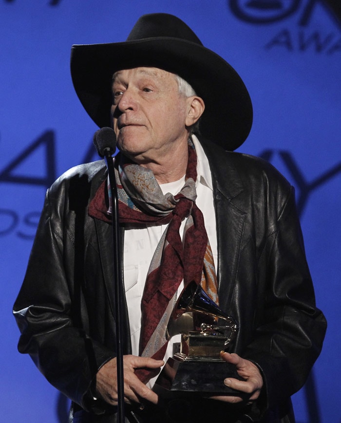 Ramblin' Jack Elliott accepts the award for traditional blues album for "A Stranger Here" at the Grammy Awards on Sunday, Jan. 31, 2010, in Los Angeles. (Photo: AP)