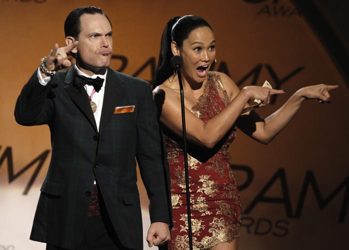 Tia Carrere, right, and Kurt Elling are seen on stage at the Grammy Awards on Sunday, Jan. 31, 2010, in Los Angeles. (Photo: AP)