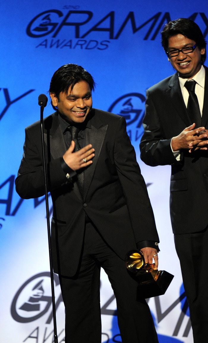 A.R. Rahman (L) after receiving the Best Song Written For Motion Picture, Television Or Other Visual Media award for Jai Ho from the movie  Slumdog Millionaire during the Pre-Telecast award presentations at the 52nd Grammy Awards in Los Angeles on January 31, 2010. (Photo: AFP)