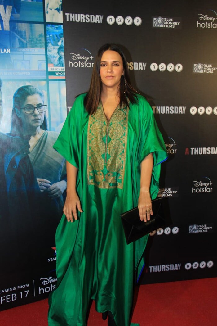Neha Dhupia wore a green outfit for <i>A Thursday</i> promotions.