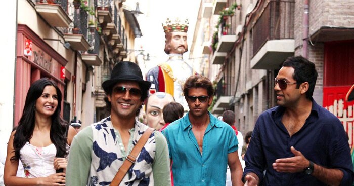 In sharp contrast to Delhi Belly's madcap view of life, this bunch of guys - Hrithik Roshan, Farhan Akhtar and Abhay Deol - enjoy a fun filled jaunt in the exotic locale of Spain in <i>Zindagi Na Milegi Dobara</i>, which releases Friday.