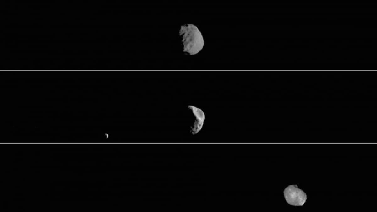 पृथ्वी के विपरीत, मंगल के दो चंद्रमा हैं - Phobos and Deimos और इन दोनों चंद्रमा को ग्रह से एक साथ देखा जा सकता है। दोनों में से बड़ा फोबस है, जिसे तस्वीर के सबसे ऊपरी हिस्से में देखा जा सकता है, जबकि डीमोस को दूसरे हिस्से में देखा जा सकता है, जिसे NASA के ओडिसी ऑर्बिटर (Odyssey Orbiter) के थर्मल एमिशन इमेजिंग सिस्टम (THEMIS) कैमरे द्वारा कैप्चर किया गया है। पृथ्वी के गोलाकार चंद्रमा के विपरीत, फोबोस का आकार थोड़ा अजीब है और वह दिन में तीन बार मंगल की परिक्रमा करता है। बड़ा चंद्रमा भी अपने ग्रह के सबसे करीब परिक्रमा करता है। इसके अगले 50 मिलियन वर्षों में ग्रह के चारों ओर एक रिंग में दुर्घटनाग्रस्त होने या टूटने की भी उम्मीद है।