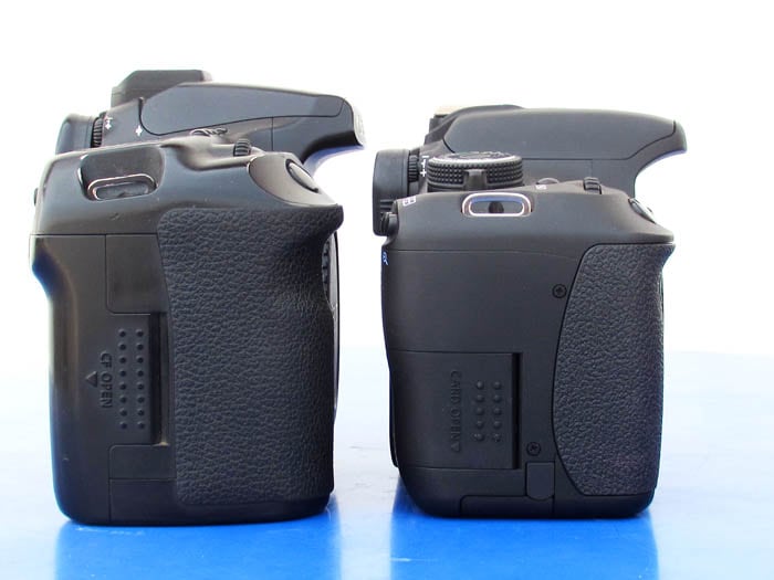 The compact size of the 600D reduces the area of the hand grip, making it less than idea for people with big hands. (Pictured: Canon 40D on the left, Canon 600D on the right)