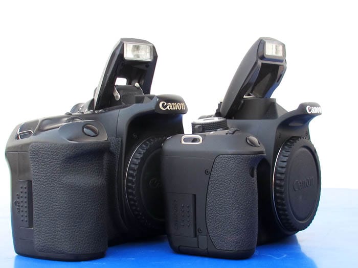 The flash on the 600D rises a little higher than normal, to prevent a shadow due to shooting with long lenses. (Pictured: Canon 40D on the left, Canon 600D on the right)