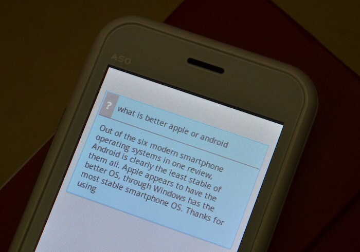 AISHA, which runs on Android 2.3, doesn't think too highly of Android.<br/><br/><b>Also see</b>: <a href="http://www.ndtv.com/album/listing/gadgets/micromax-a50-superfone-ninja-with-aisha-hands-on-13046/">Hands-on with Micromax A50 Superfone Ninja</a>