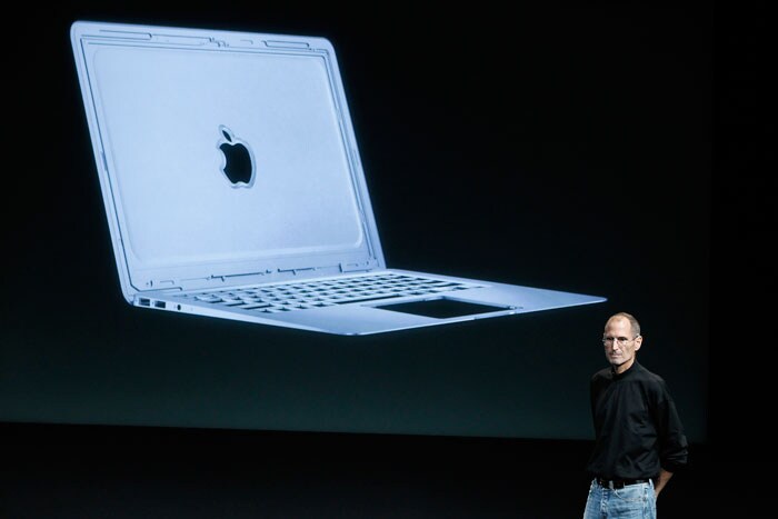 Apple CEO Steve Jobs talks about the new Apple Macbook Air laptop at Apple headquarters in Cupertino, Calif.(Photo AP)