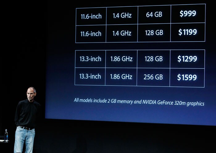 Apple CEO Steve Jobs talks about the Apple Macbook Air 13 and 11 inch laptops at Apple headquarters in Cupertino, Calif.(Photo AP)