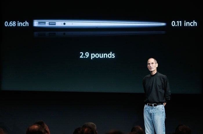 Apple CEO Steve Jobs talks about the new Apple Macbook Air laptop at Apple headquarters in Cupertino, Calif.(Photo AP)