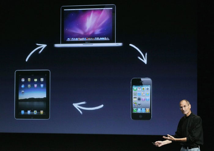 Apple CEO Steve Jobs announces speaks during an Apple special event at the company's headquarters  in Cupertino, California. Jobs announced the new OSX Lion operating system for Mac computers Mac computers, iLife 11 and MacBook Air. (Photo AFP)