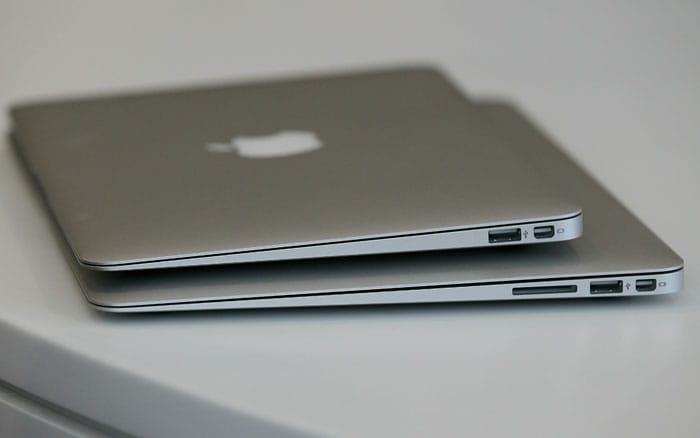 Two new MacBook Air models are displayed during an Apple special event at the company's headquarters in Cupertino, California. Apple CEO Steve Jobs announced the new MacBook Air in eleven and thirteen inch models starting at $999. He also announced the OSX Lion operating system for Mac computers.(Photo AFP)