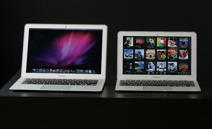 Two new MacBook Air models are displayed during an Apple special event at the company's headquarters in Cupertino, California. Apple CEO Steve Jobs announced the new MacBook Air in eleven and thirteen inch models starting at $999. He also announced the OSX Lion operating system for Mac computers. (Photo AFP)