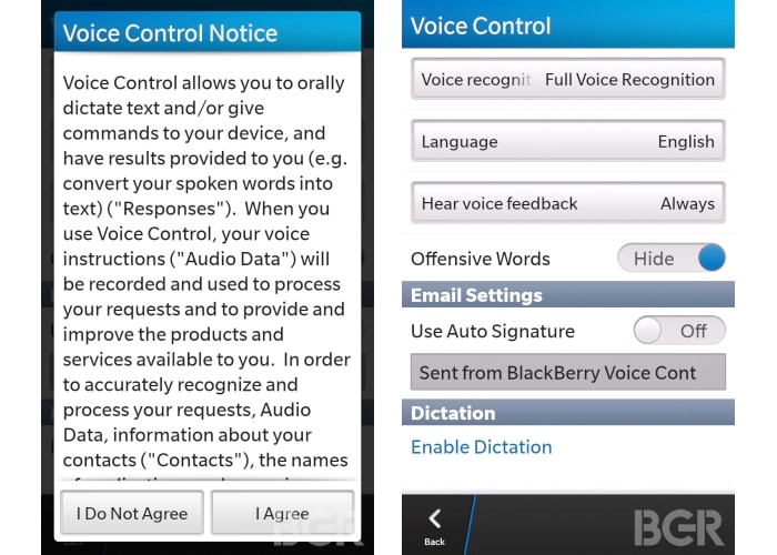 Users can control their devices with their voice that allows you to orally dictate text and give commands to your BB10 device. (Image Credit: BGR)