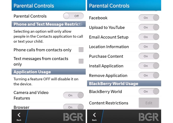Going further into Parental Controls, we see that users can block access to various features like Facebook, Email or YouTube. (Image Credit: BGR)