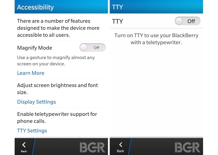 The Accessibility section offers options like enabling the teletypewriter and Magnify mode. (Image Credit: BGR)