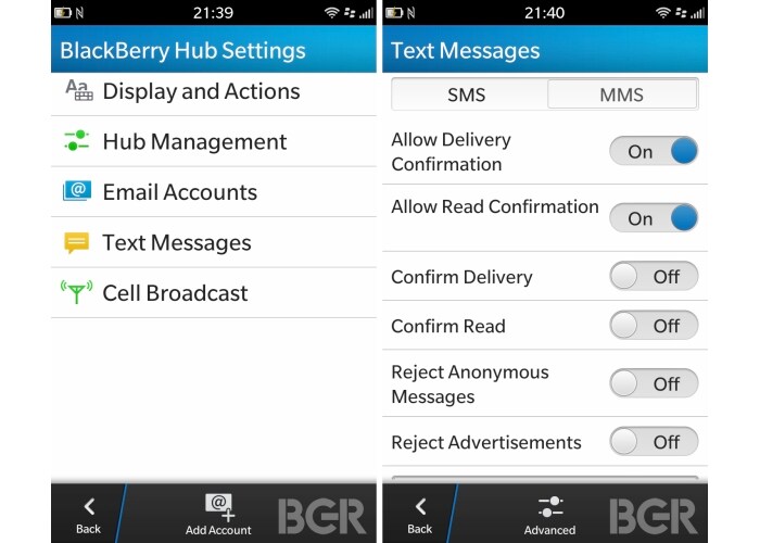 Here's the BlackBerry Hub with various options. Under the Text Messages section, users can block incoming texts from unknown senders those containing commercial content such as advertisements.(Image Credit: BGR)