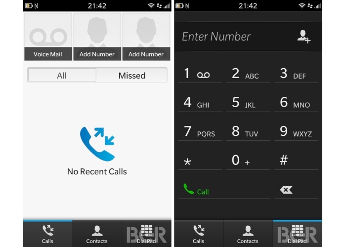 This is how the call log section and the keypad looks like on the BB10 OS.(Image Credit: BGR)