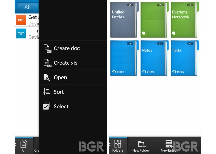 Here we get a glimpse of Evernote Notebook under the Folders section highlighting the possibility of Evernote integration within BlackBerry's Docs to Go app. (Image Credit: BGR)