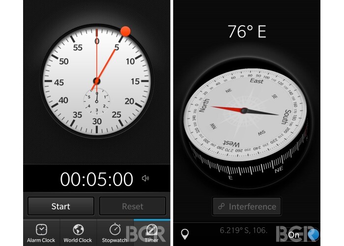 The stop watch is part of the clock settings. There's also a pretty neat flipping compass.(Image Credit: BGR)