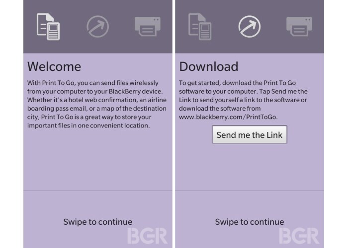 BB10 has a new feature called Print To Go that will allow users to send files wirelessly from their computer to their BB10 device for future printing.  (Image Credit: BGR)
