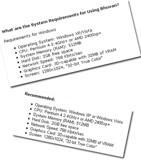 If you take a look at the recommended <a href="http://earth.google.com/support/bin/answer.py?hl=en&answer=20701" target="_blank">PC system requirement details</a> for Google Earth and that for Bhuvan, it's an exact match. Seems someone just copy/pasted the text from there.</br></br>

Though the recommended screen resolution for Bhuvan is 1280x1024 pixels, you will need to view your browser in the full screen mode (press F11) for optimal viewing, else the areas towards the bottom would not be visible. </br></br>

You will also need a really fast internet connection. Though the recommended speed is 768 kbps, the rendering was quite slow even with the quite decent Internet connection that I have at my workplace.