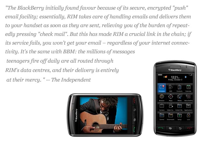 "The BlackBerry initially found favour because of its secure, encrypted "push" email facility; essentially, RIM takes care of handling emails and delivers them to your handset as soon as they are sent, relieving you of the burden of repeatedly pressing "check mail". But this has made RIM a crucial link in the chain; if its service fails, you won't get your email ? regardless of your internet connectivity. It's the same with BBM: the millions of messages teenagers fire off daily are all routed through RIM's data centres, and their delivery is entirely at their mercy. "
<a target='_blank' rel="nofollow" href="http://www.independent.co.uk/life-style/gadgets-and-tech/news/blackberry-crumbles-a-breakdown-in-communications-2369653.html">-- The Independent</a>