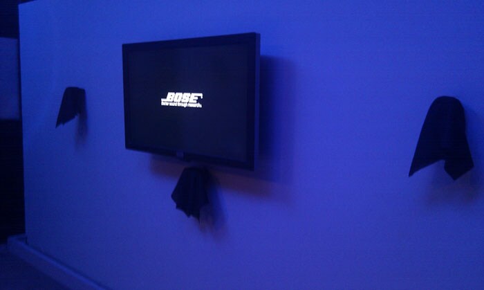 Bose tried to fool us at the press event by making us believe that it's a new sound system. The apparent speakers on the wall are nothing but sticks! (Photo: Sameer Mitha)
