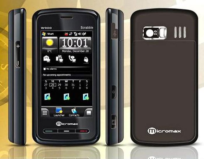 <b>Micromax W900<br>
Price: Rs. 7,618</b><br><br>

The Micromax W900 comes preloaded with Windows Mobile OS, built in GPS, 3.2 inch touch screen with handwriting recognition. The memory can also be expanded to a whopping 16GB.
