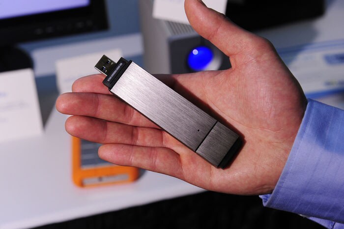 The LaCie FastKey 120 GB, USB 3.0, PC and Mac-compatible solid-state drive (SSD) device capable of data transfer speeds of up to 260 MB/s is displayed on press preview day at the 2011 International Consumer Electronics Show.