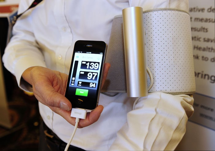 The Smart Blood Pressure Monitor from Withings, a traditional arm strap style blood pressure monitor, which connects to an iPhone or iPad for instant readouts is on display on press preview day at the 2011 International Consumer Electronics Show. The Withings monitor retails for USD $130; and the app is a free download in the App Store.