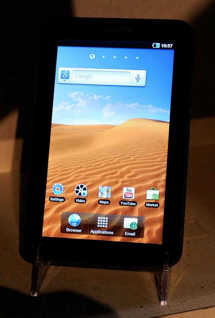 The Samsung Galaxy Tab Android tablet is displayed during a press event at CES 2011.