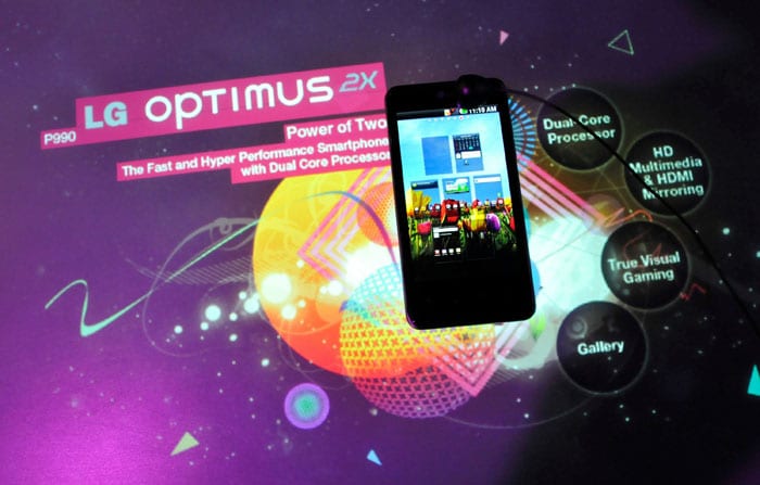 The LG Optimus 2X; the world's first dual-core smartphone on display at CES 2011. The phone runs on Android 2.2 (upgradable to 2.3) and uses Nvidia's new 1 GHz dual-core Tegra 2 processor. The device has 8 megapixel camera, a 4-inch screen and 8 GB of internal memory.