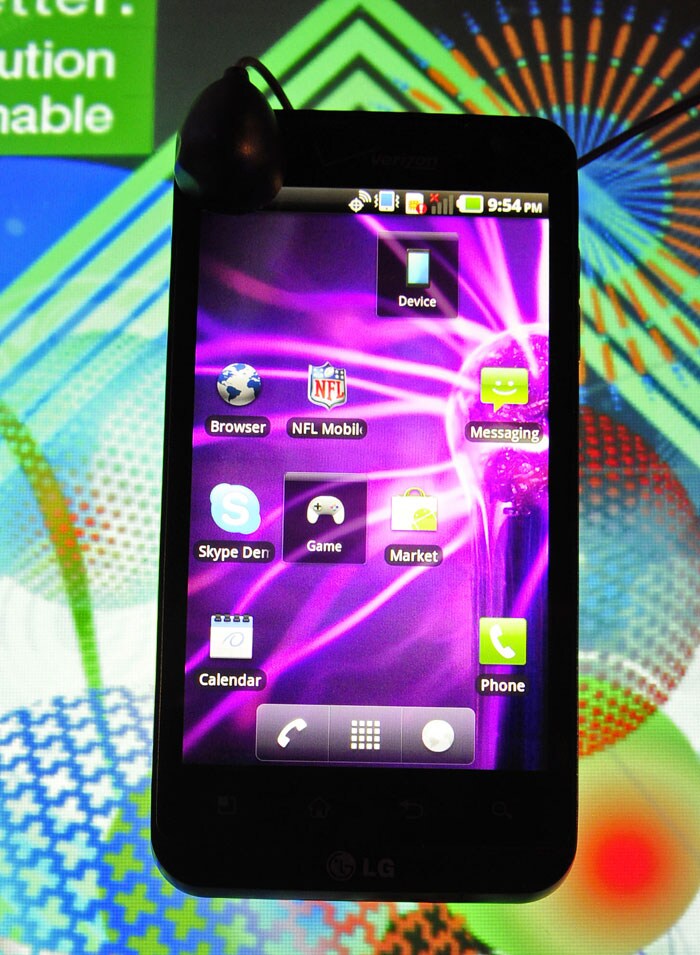 The LG Revolution smartphone is on display at the CES 2011. The Revolution, which has a 4.3-inch touchscreen, front-facing camera with 5MP sensor with autofocus, HD camcorder, and an LED flash, will run on Verizon's LTE network.