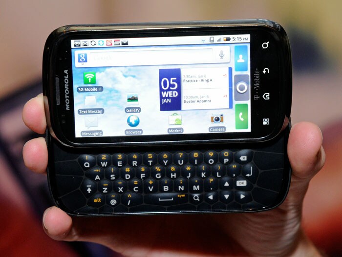 The Click 2 smartphone by Motorola is displayed during a press event at CES 2011.