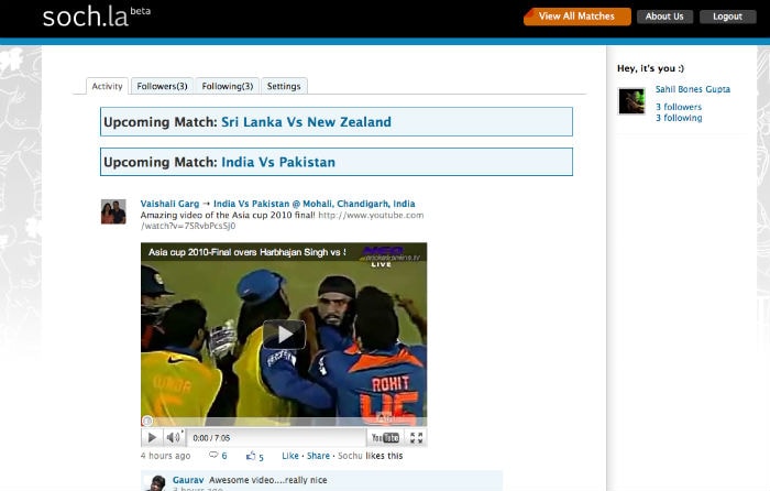 <b>Soch la:</b> Tired of commentary on the web? Need a new twist? www.soch.la can help. It is a social community for cricket lovers. If you cannot watch it live, this may be a good place for latest updates while you are chatting with your friends. Give it a shot while you watch the match. <a href=' http://soch.la/ '' "nofollow" style='color: rgb(0, 51, 153);' target='blank'>Check it out here.</a>