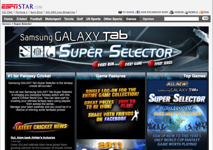 <b>ESPN Super Selector:</b> One of the most popular cricket leagues, it allows people to create their own team and gather points on the performance of selected players. The excitement is sure to hit fever pitch with the India-Pakistan semi-final. <a href=' http://www.espnstar.com/games/super-selector/ '' "nofollow" style='color: rgb(0, 51, 153);' target='blank'>Play here.</a>