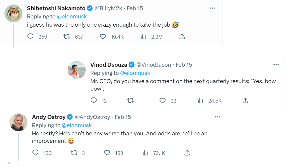 उनके इन पोस्ट के बाद ट्विटर पर मजेदार प्रतिक्रियाएं आनी शुरू हो गई। एक यूजर ने कमेंट किया, "मुझे लगता है कि वह अकेला ही पागल था जो काम ले सकता था।" एक अन्य यूजर ने कमेंट किया, "मिस्टर सीईओ, क्या आप अगले तिमाही परिणामों पर कोई टिप्पणी करना चाहेंगे: हां, भाउ भाउ।" तीसरे यूजर ने लिखा, "फ्लोकी गेंद लाने से लेकर इंटर्न के लिए कॉफी लाने तक कैसे प्रेरित हुआ। मैं उसके जैसा बनना चाहता हूं जब मैं बड़ा हो जाऊंगा!"