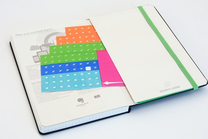 In the back pocket of each notebook you'll find a set of multi-color Smart Stickers. When you apply a sticker to a page and take a photo, Evernote recognizes the sticker and instantly associates a tag with the note or places it into a notebook that you specify in your Settings.