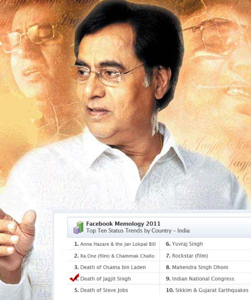 Trend number four was the death of ghazal singer Jagjit Singh. Famous for his mellow voice, Jagjit Singh left behind him a large body of work including hit movie songs such as Tum itna jo from Arth. He died on October 10 at Mumbai's Lilavati Hospital after a brain haemorrhage. His funeral was attended by family, friends (including most of the film fraternity) and fans alike.