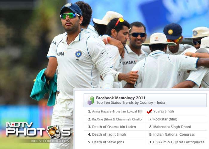 Most discussed topic #6, Yuvraj Singh had an eventful 2011. Dropped from the team only last year, Yuvraj battled poor form to make a spectacular comeback in the World Cup, making an invaluable contribution to India's win and bagging the Man Of The Tournament distinction to boot. He then missed much of the rest of the year's play after a series of injuries, including a cancer scare, left him unfit. He also kept himself busy off the pitch, as is his wont, with rumoured new squeeze Shazahn Padamsee.