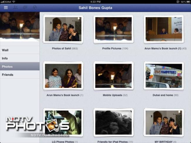 The photos tab segregates the photos as per your profile pics, albums and tags. Although it currently doesn't support multi-touch, it would be great if the photo viewer worked similar to the iPad's photo viewer app.