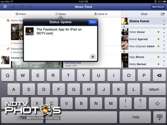 Updating your status too is optimized for the iPad. You can click the status tab on the navigation bar. It gives you a pop up window that lets you update your status.